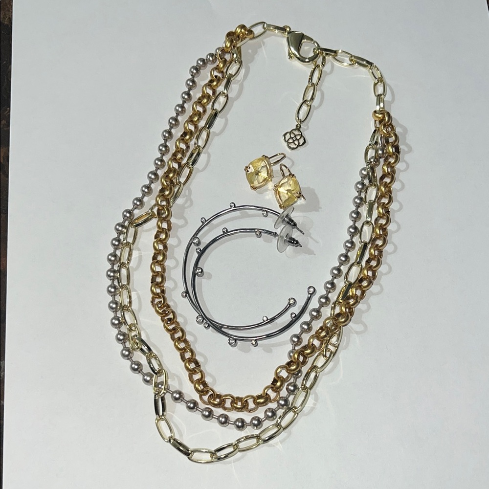 Kendra Scott Gold and Silver Brylee multi strand  Necklace and Earrings lot
